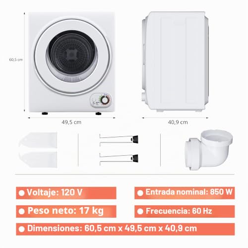 Miniatura 2 de Euhomy - Secadora De Ropa Portátil De 110 V, 850 W, Secadora Compacta De 1.5 Pies Cúbicos, De Acero Inoxidable, Con Tina De Acero Inoxidable, Para Apartamentos, Caravanas, Dormitorios, Color Blanco,