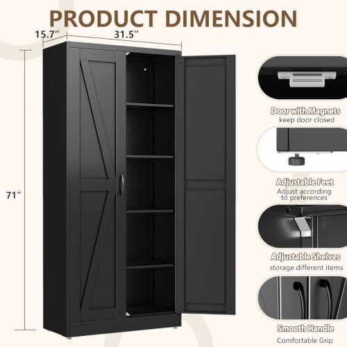 Image of Black Metal Storage Cabinet, 71 inch Kitchen Pantry Cabinets for Office