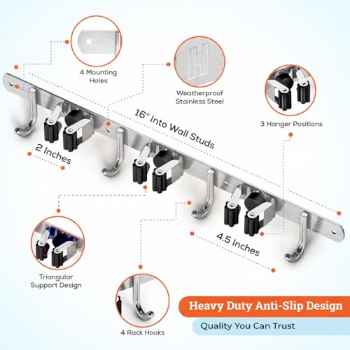 Image of Ternero Mop and Broom Organizer 4 Racks 5 Hooks, Heavy Duty Broom Wall Mount Rake Holder Stainless Steel Tool Hanger for Home, Kitchen, Garage, Garden, Laundry Room, Bathroom Organization