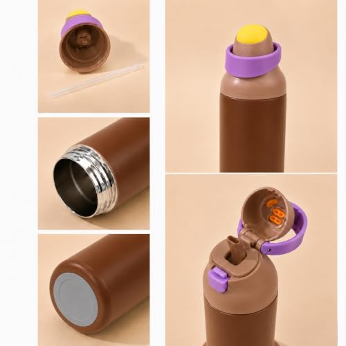 Image of HomeCloud 500ML Stainless Steel Water Bottle for Kids - Double Wall Vacuum Insulated, Leakproof Straw Lid, BPA-Free Reusable Flask with Dual Drinking Spout for School, Travel & Sports (Brown Purple)