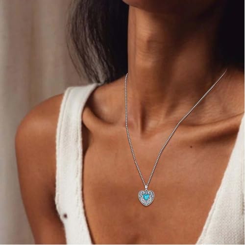 Genuine Heart Turquoise Necklace, Sterling Silver Native Western Vintage Flower Jewelry December Birthstone Birthday Gift for Women4