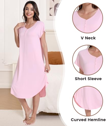 Image of NACHILA Bamboo Viscose Nightgown for Women Short Sleeve Crew Neck Sleepwear