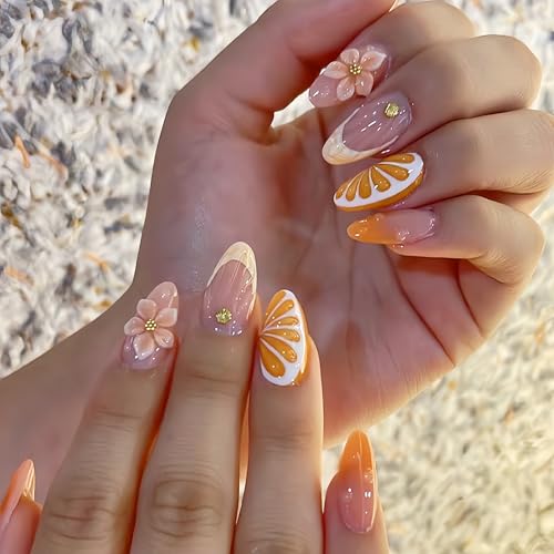 30Pcs Flower Press on Nails Medium Almond Fake Nails 3D Floral with Gold Pearl Shell Rhinestones Glossy Design Orange Full Cover Stick on Nails Spring Summer Floral False Nails for Women Acrylic Nails