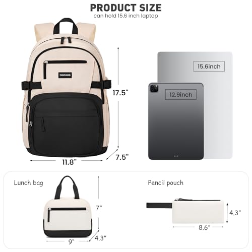 Image of WINDARS Backpack for School Girls, Cute High School Backpacks for Teens Women Student Large Bookbag 15.6 Inch Laptop Bag with USB Charger Port for College Work Travel Trip 3 Pcs(Black Beige)