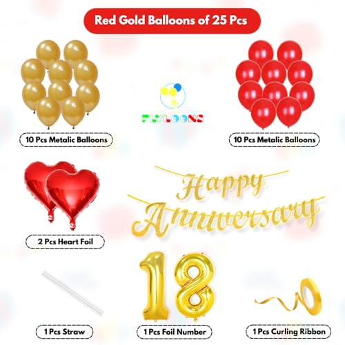Image of Flyloons 18th Happy Anniversary Decoration Items Red Gold for Men Women Husband Wife Mom Dad Parent Couple Home Bedroom Car With 20 Pcs Metallic Balloons Anniversary Banner 2 Pcs Heart Set Kit
