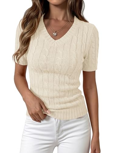 PRETTYGARDEN Womens Summer Short Sleeve Sweater Cable Knit V Neck