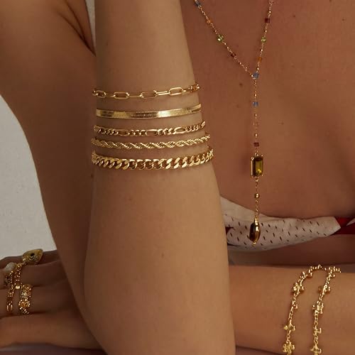 Image of DEARMAY Gold Bracelets for Women Waterproof Stackable Dainty 14K Gold Plated Rope Cuban Snake Paperclip Figaro Link Chain Pack Bracelet Adjustable Non Tarnish Fashion Accessories Jewelry Sets Gifts for Womens Mom