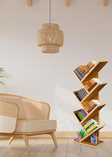 Image of SBF Furniture Modern Tree Shape Wood Bookcase, 7-Tier Book Rack, Storage Rack Shelves in Living Room, Free-Standing Books Holder Organizer, Space Saver for Home, Office, Set of 1 (DIY) (Yellow)