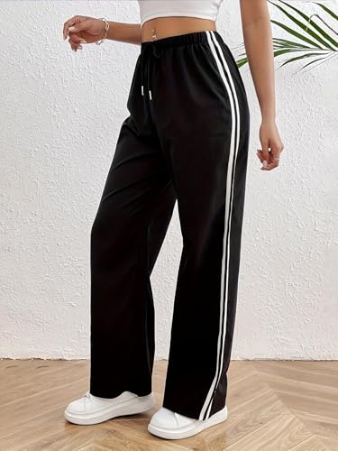 Image of dockstreet Straight Long Length Trouser Style Drawstring Contrast Belt Black and White Trackpant for Women /Trending, Relaxed Casual Lowers for Women