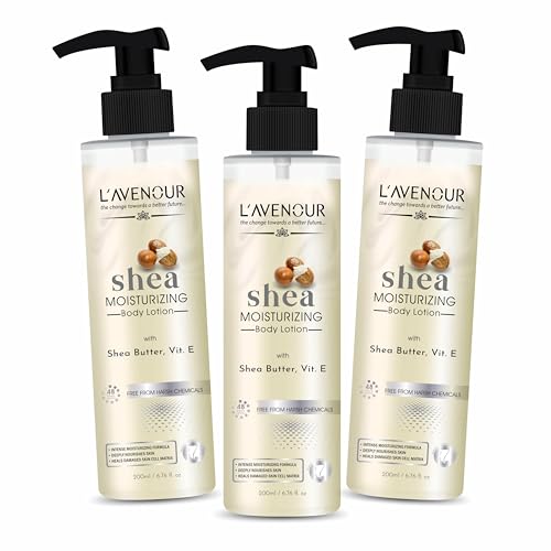 Image of L'avenour Shea Moisturizing Body Lotion for Dry Skin, Smooth & Glowing Skin, SLS & Paraben Free, Non-Greasy Moisturizer For Men & Women - 200ml, Pack of 3