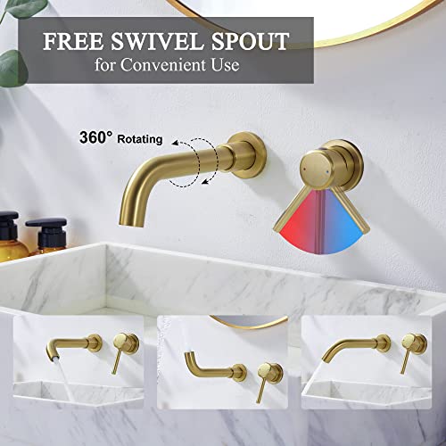 Yardmonet Solid Brass Wall Mount Faucet For Bathroom Sink, Brushed Gold Wall Mounted Bathroom Faucet With Single Handle, Rough-In Valve Included #TOP3