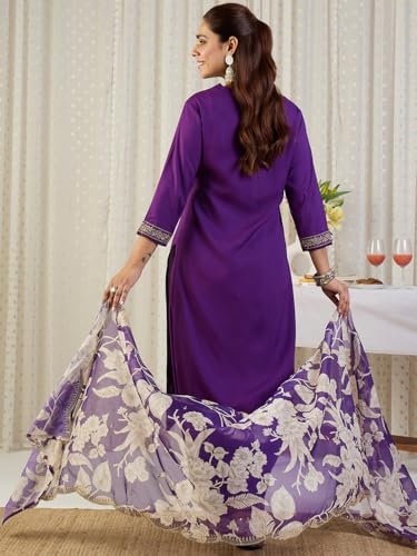 Image of INDO ERA Women's Rayon Viscose Rayon Embroidered Straight Kurta & Salwar with Dupatta Set