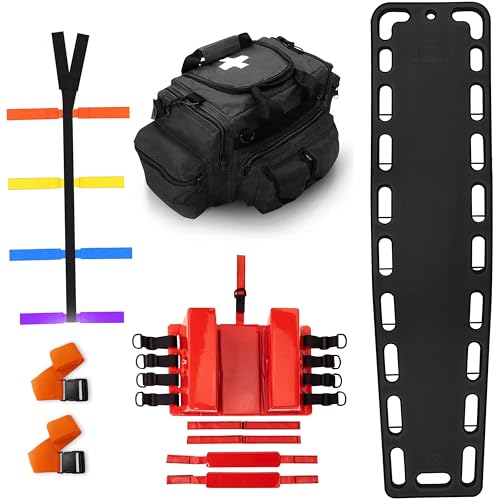 EMS XTRM Rescue Kit Comprehensive Emergency Support with Spine Board, Head Immobilizer, Trauma Bag & 10-Point Strap - Durable, Lightweight for First Responders, Black