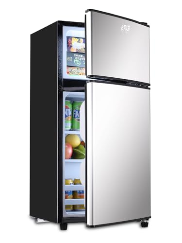 KRIB BLING 3.5 Cu.ft Compact Refrigerators with Freezer, Mini Fridge with 7 Level Temp Adjustable Thermostat, Small Fridge for Apartment, Office, Basement, Silver