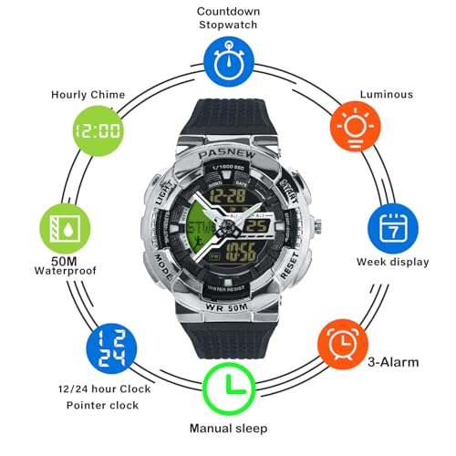 Image of PASNEW Boys' Watches - Dual Display, Large Dial Sport Watch, Black Outdoor Watch for Boys & Teens - Waterproof