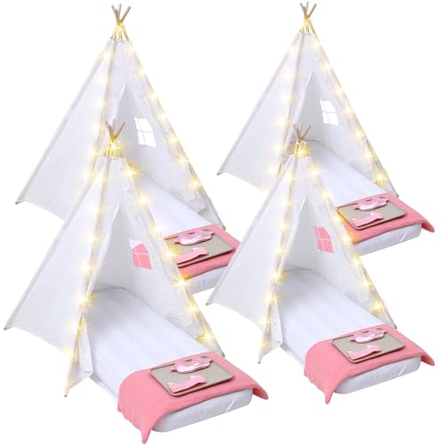 Windyun 4 Pack Kids Teepee Tent for Slumber Party with Mattress and Lights, Sleepover Tents for Girls Boys Indoor Outdoor Cotton Teepee with Airbed Tray Blanket Birthday Party Supplies(White)