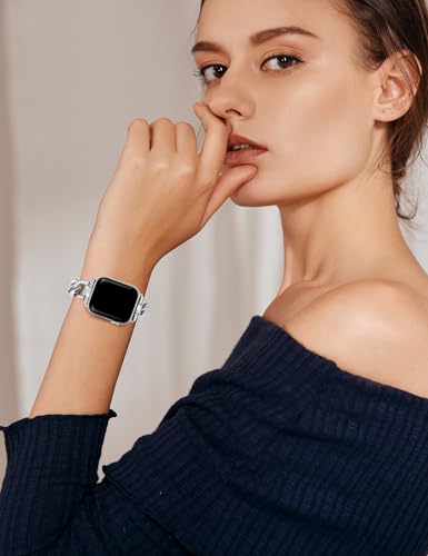 Image of JR.DM Silver Watch Bands for Women Compatible with Apple Watch 38mm 40mm 41mm 42mm(S10 /11) Bling Diamond Adjustable Metal Single Chain Bracelet for iWatch Series 11 /10 /9 /8 /7 /6 /5 /4 SE 3 /2 /1(No Case)