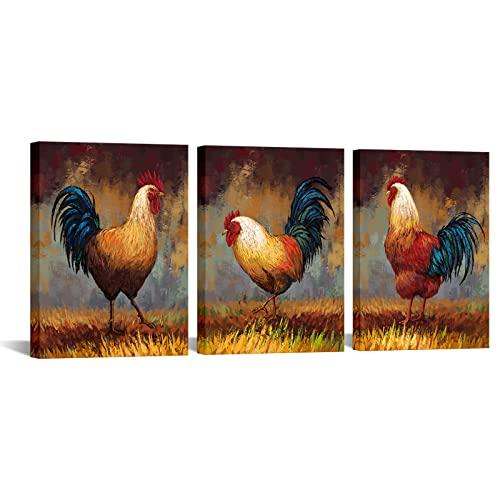 Fushvre Rooster Kitchen Decor Chicken Wall Art Picture On Canvas Farmhouse Decorations For Home Framed 12"X16"X3Pcs #TOP25