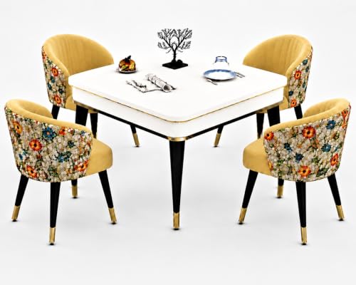 Image of WOODEN SPACE 4 Seater Wooden Dining Table Set | Urban Marble Top Dining Table with Chairs for Dining Room & Kitchen (Modern Classic Printed Yellow) (42 x 42 x 30 inch)