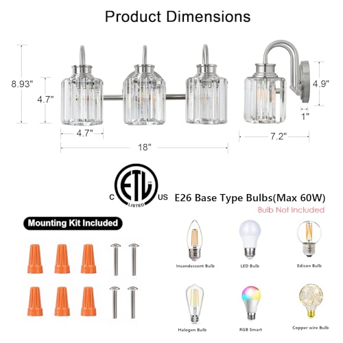 Image of Brushed Nickel Bathroom Light Fixtures with K9 Crystal Lampshade Bathroom Lighting Over Mirror Vanity Lights for Living Room,Bedroom,Restroom,Hallway 3 Lights