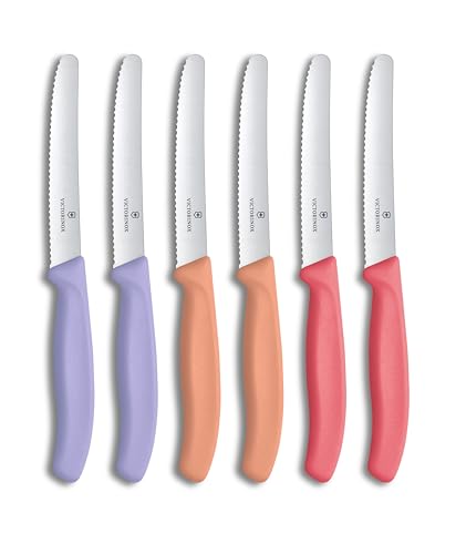 Victorinox Swiss Classic, couteau à petit-déjeuner, ensemble de couteaux à pain, 6 pièces, lame tranchante, bord dentelé, 11 cm, acier inoxydable, Violet, Orange et...