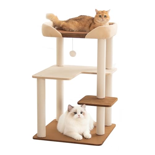 PETTIFUL Cat Tree for Large Cats, Modern Senior Friendly Cat Tower with Wide Shelves, Cotton Scratching Posts, Super Sturdy Base, Cozy Perches, and Interactive Toys for Indoor Kittens, 37.4'' Cream.