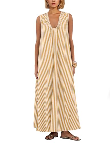 Image of Livtany Women's Scoop Neck Ruched Maxi Dress Flowy Swing Wide Straps Long Dress Casual Sleeveless Sundress with Side Pockets