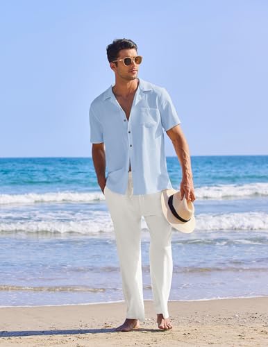 Image of COOFANDY Men 2 Piece Linen Outfit Beach Button Down Shirt Casual Loose Pant Sets