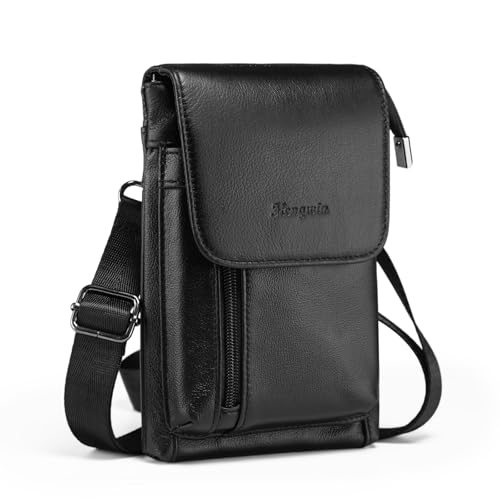 hengwin - Hengwin Genuine Leather Small Crossbody Bag for Men Women, Cellphone Belt Pouch Bag, Travel Passport Wallet, Shoulder Holster (Black) - -10%
