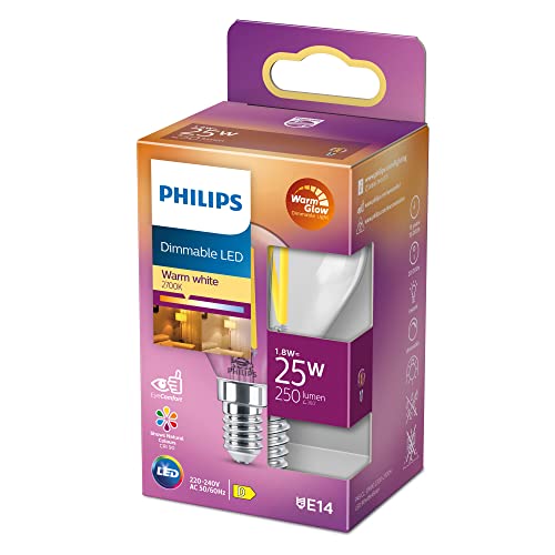 Philips LED Classic E14 WarmGlow Lampe, 25 W, Tropfenform, dimmbar, klar, warmweiß