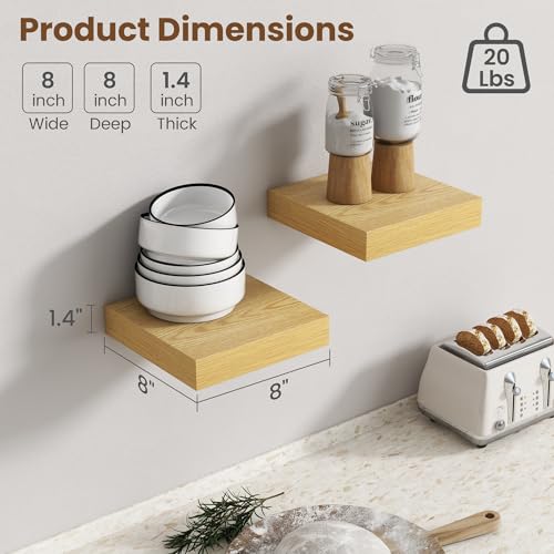 Image of Axeman Square Floating Shelves for Wall, 8 inch W x 8 inch D x 1.4 inch H Rustic Wooden Wall Shelves, 4 Pack Wall Mounted Floating Shelf with Invisible Brackets for Living Room, Bathroom, Kitchen, Oak Color