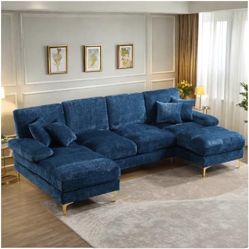 Lubvtti Sofá Moderno Grande de Chenilla en Forma de U con Asientos Dobles reclinables, sofá de Esquina, sofá 4 plazas para Sala de Estar/Dormitorio, Azul