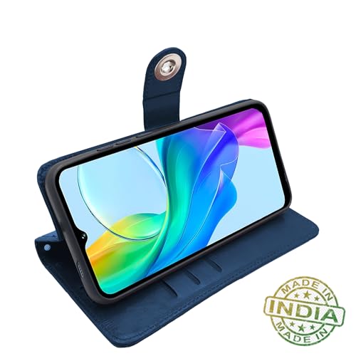 Image of Pikkme Flip Cover Leather Finish | Inside TPU with Card Pockets | Complete Protection Button Flip Case for Vivo Y03 4G (Blue)