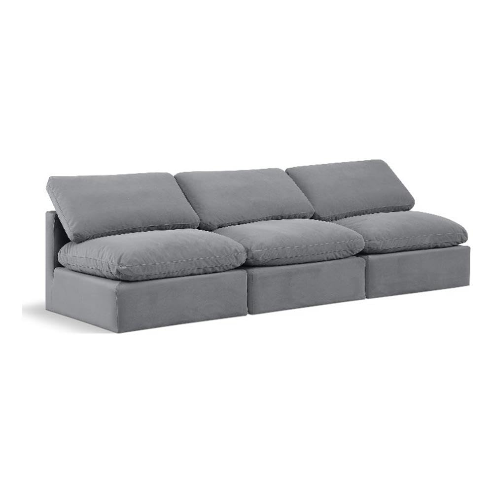 Meridian Furniture 147Grey-S3 Indulge Collection Modern | Contemporary Modular Sofa with Soft Grey Durable Velvet, Down Feather Cushions, Modular, 105" W x 35" D x 32" H, Grey