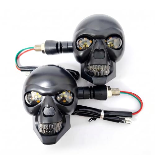 Filino 2 PCS Motorcycle LED Turn Signal Lights, 10mm Screw Skull Head Warning Light Decoration, White Constant On Yellow Turning Blinker Indicator, Universal for Most Motorcycles (Black)