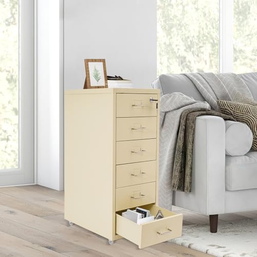 Image of 6 Drawer Vertical File Cabinet, Filing Cabinets for Home Office, Metal File Storage Cabinet with Lock & Wheels, Small Locking File Cabinet with Drawers for Letter /Legal /F4 /A4 (Beige)