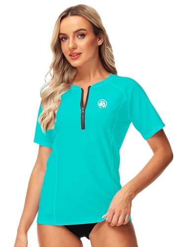 Image of AOBUTE Women Zip Rash Guard UPF 50+ Gradient Short Sleeve Swim Top Surf Shirts