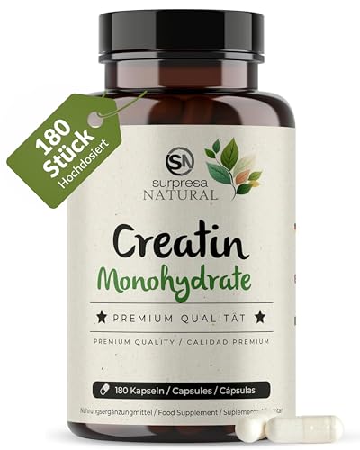 Surpresa Natural Creatin-Kapseln I 1 x 180 Stück I Mit 3200 mg reinem Creatine-Monohydrate I Vorrat für 1 5 Monate I Hochwertige Kreatin-Caps I hochdosiert & natürlich