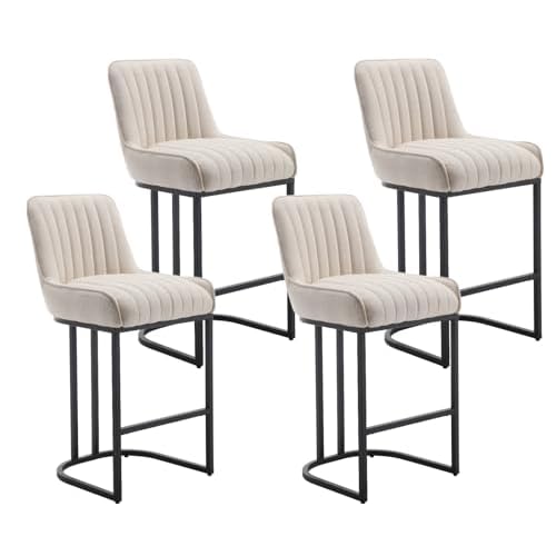 CIMOTA Counter Height Bar Stools Set of 2 with Back Modern Kitchen Counter Stools with Gold Legs Leather Island Chairs Comfy Stripe Barstools for Breakfast Bar, 26 Inch/PU Beige