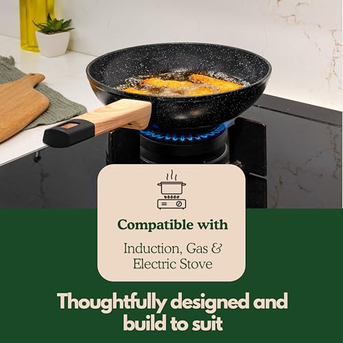Image of Kreme Ceracook Ceramic Coated Granite Fry Pan 1.8L /24cm with Glass Lid, ISI Certified Frying Pan, Forged Aluminium, Gas & Induction Use, Non Toxic, PFAS & PTFE Free, 1 Year Warranty, Black