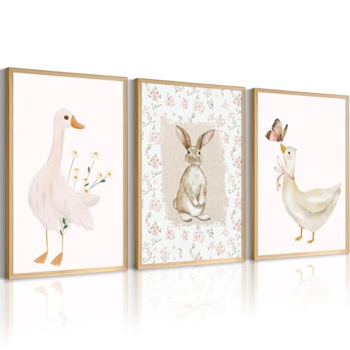 Vintage Nursery Wall Art Goose Canvas Poster Coquette Wall Decor Baby Girl Painting Kids Poster Bunny Rabbit Prints Cute Animal Pictures Duck Artwork for Bedroom Living Room 12x16x3 Inch Unframed
