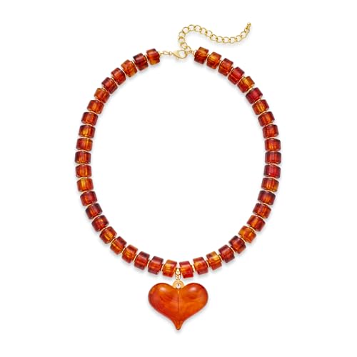 YUJIE Chunky Heart Penadnt Necklace for Women- Exaggerated Statement Puff Heart Necklace with Acrylic Beaded Chain