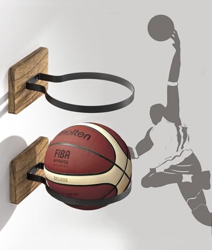 2 Pcs Wall Mount Basketball Holder with Wooden Base Ball Storage Holders Display Rack for Autograph Basketball Football Soccer Volleyball Collection Sports Accessories Organizer for Player Fans