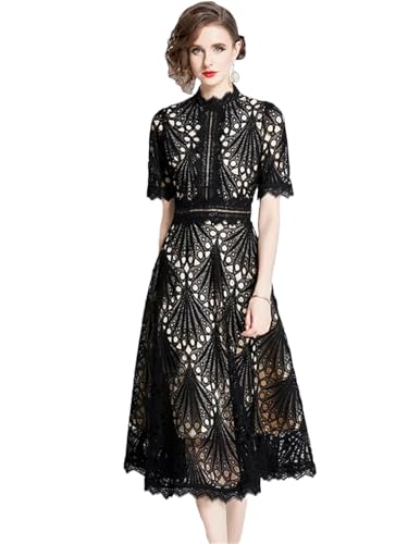 Image of Womens Vintage High-End O-Neck Short Sleeve Lace Hollow Out Dress Slim Elegant Long Dress