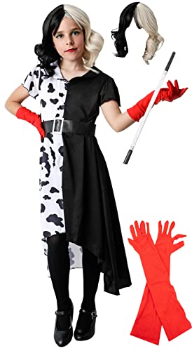 Gojoy shop-Disfraz de Cruella Deville para Niñas Halloween Carnaval(Contiene:Vestido Manga Corta,Guante Rojo,Pipa de Diamantes,Peluca y Mochila de Cuerdas.4 Tallas) (3-4 años) Cover