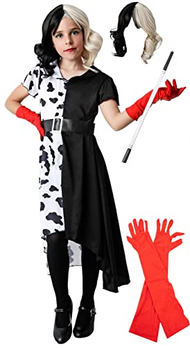 Gojoy shop-Disfraz de Cruella Deville para Niñas Halloween Carnaval(Contiene:Vestido Manga Corta,Guante Rojo,Pipa de Diamantes,Peluca y Mochila de Cuerdas.4 Tallas) (5-6 años)