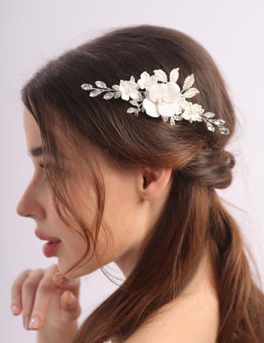 Teyglen Dainty White Flower Headpiece Silver Leaf Wedding Hair Comb Rhinestone Bridal Hair Piece Pearl Floral Side Comb Hair Accessories for Women