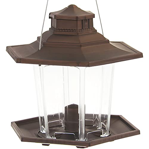 More Birds Small Lantern Bird Feeder, Gazebo-Style Wild Bird Feeder, 6 Feeding Stations, 2.6 lb Seed Capacity, Brown