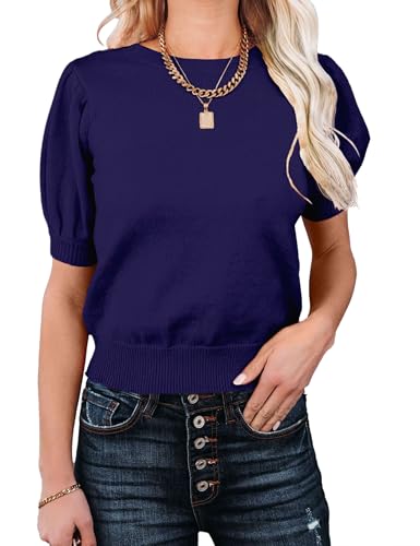 Image of Womens Puff Short Sleeve Sweater Tops Crewneck Basic Knit Pullover Lightweight Casual Sweaters