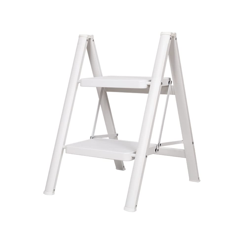 BAOYOUNI Escalera Plegable 2 Peldaños de Aluminio Ligera y Portátil Escalerilla Doméstica Taburete con Pedal Ancho Antideslizante, Peso Máximo 150 kg, para Hogar, Cocinas, Garaje, Oficina, Blanco